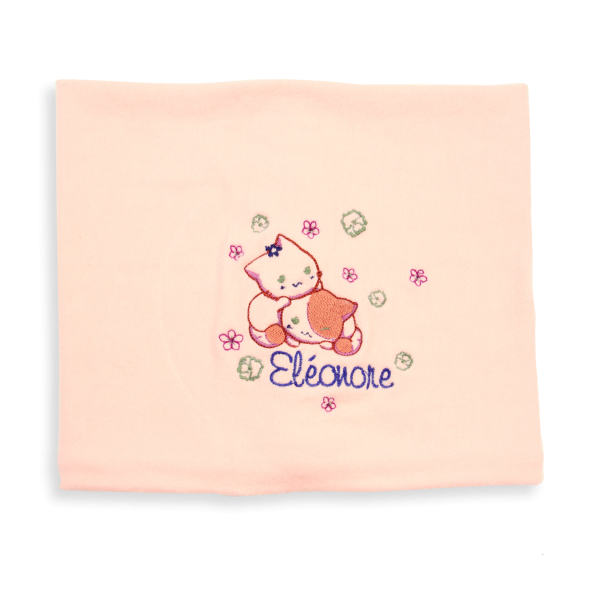 Echarpe-enfant-brodée-chaton-coton-biologique-rose-poudre