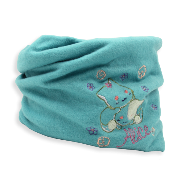 Echarpe-enfant-brodée-chaton-coton-biologique-turquoise