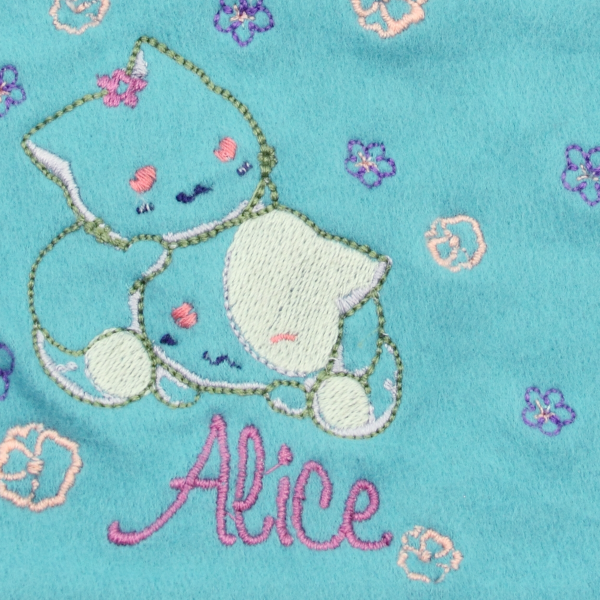 Echarpe-enfant-brodée-chaton-coton-biologique-turquoise