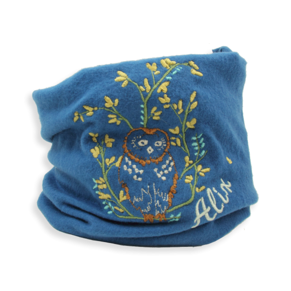 Echarpe-enfant-brodée-hibou-coton-biologique-bleu-indigo