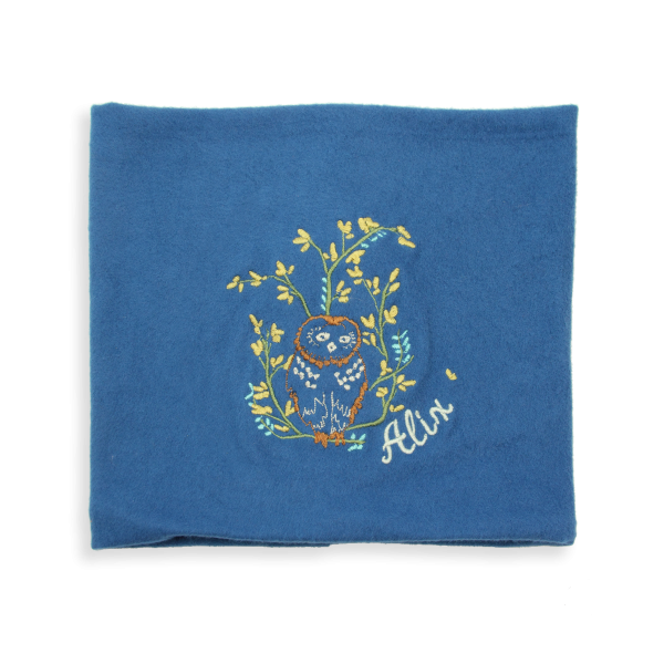 Echarpe-enfant-brodée-hibou-coton-biologique-bleu-indigo