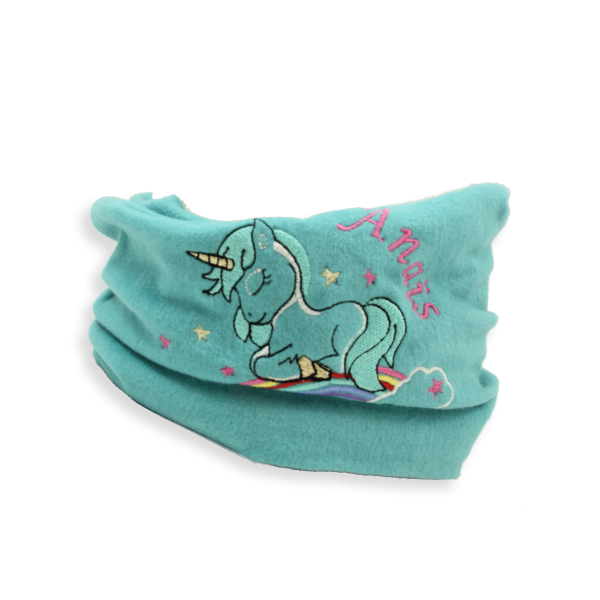 Echarpe-enfant-coton-biologique-turquoise-brodée-licorne