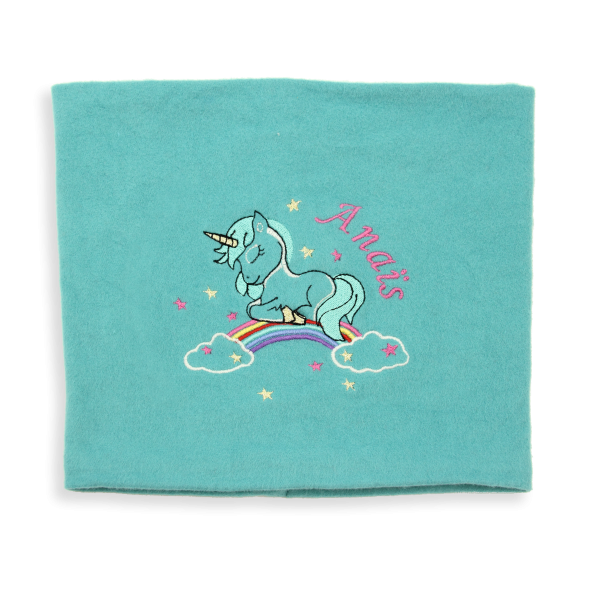 Echarpe-enfant-coton-biologique-turquoise-brodée-licorne