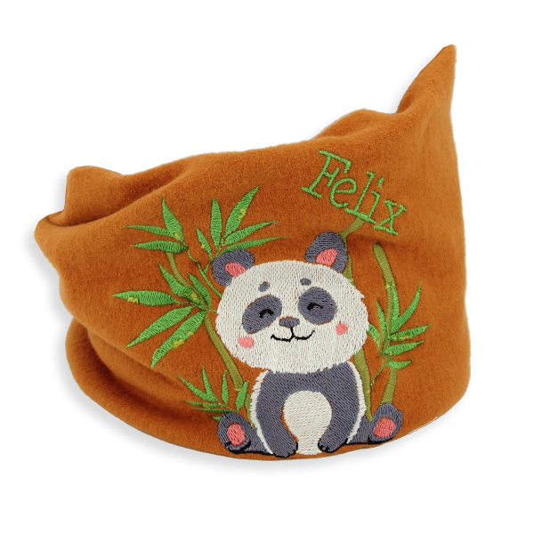 Echarpe-enfant-brodée-panda-coton-biologique-caramel