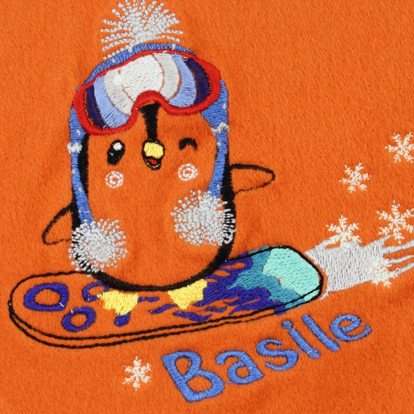 Echarpe-enfant-coton-bio-brodée-pingouin-orange