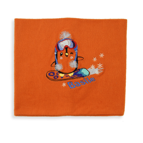 Echarpe-enfant-coton-bio-brodée-pingouin-orange