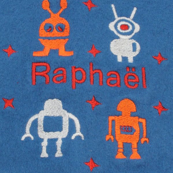 Echarpe-enfant-coton-biologique-bleu-jean-brodée-robots