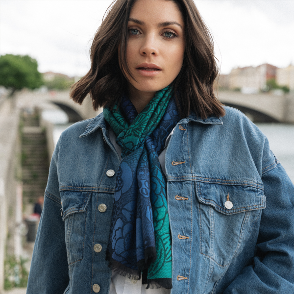 Echarpe-femme-laine mérinos-modal-bleu-vert-Style