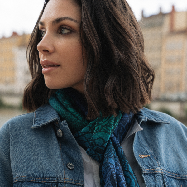 Echarpe-femme-laine mérinos-modal-bleu-vert-Style