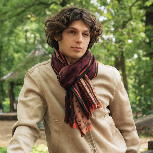 Echarpe-homme-laine-merinos-soie-bordeaux rouille-atome