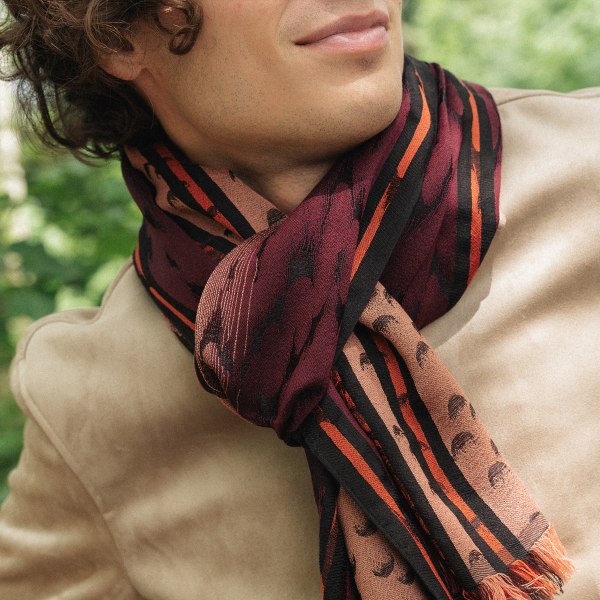 Echarpe-homme-laine-merinos-soie-bordeaux rouille-atome