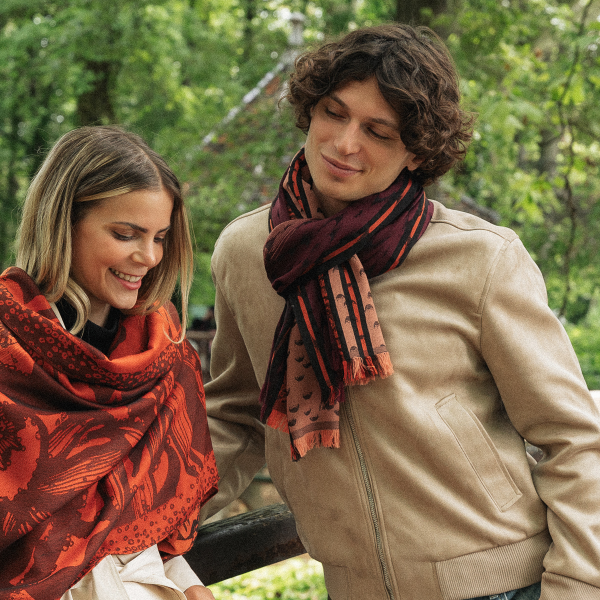 Echarpe-homme-laine-merinos-soie-bordeaux rouille-atome