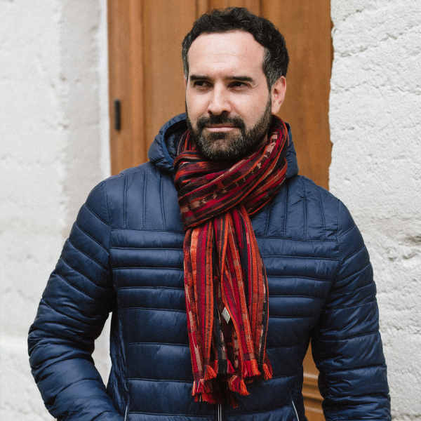 Echarpe-homme-laine-soie-rouge-orange-fabrique-en-France-Orpheon