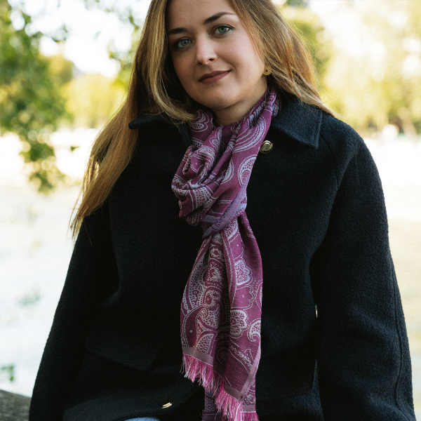 Echarpe-femme-laine-mérinos-soie-rose-magenta-Mélodie