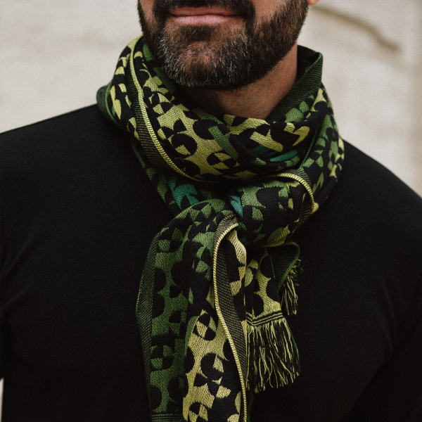 Echarpe-homme -laine mérinos-modal-noir-vert-Running