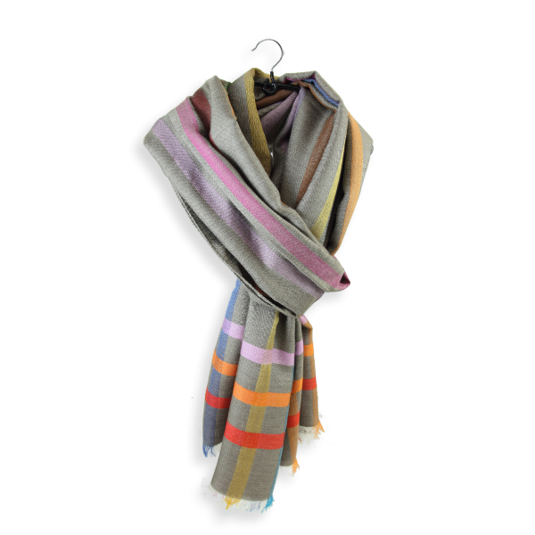Etole-homme-cachemire-soie-brun-rayures-multicolores-Pierre-1A