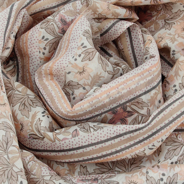 Foulard-chèche-femme-coton-soie-imprimé-beige-Jardin
