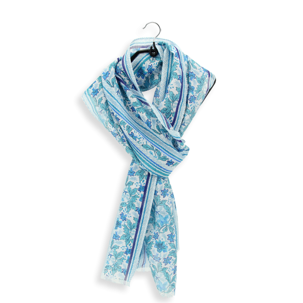 Foulard-chèche-femme-coton-soie-imprimé-bleu-Jardin