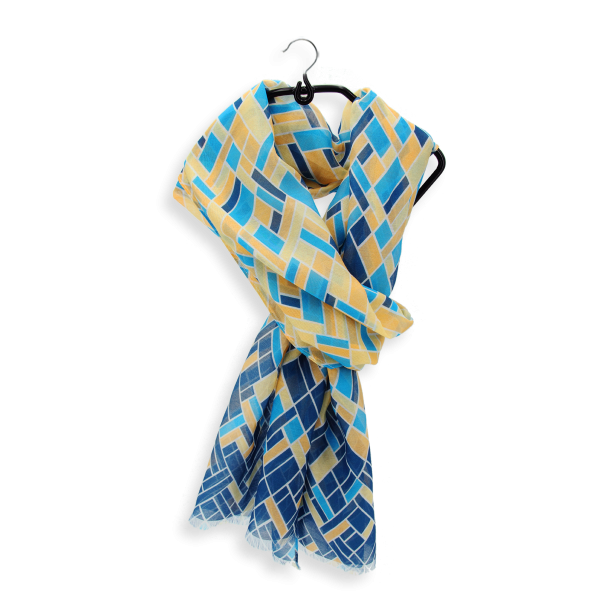 Foulard-femme-imprimé-bleu-coton-soie-mosaïque