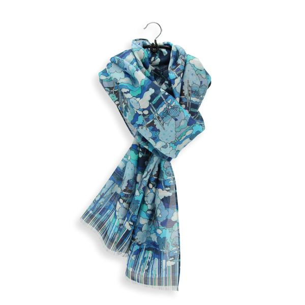 Foulard-femme-coton-soie-bleu-imprimé-Paysage