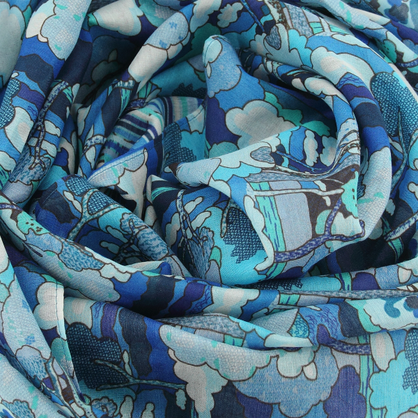 Foulard-femme-coton-soie-bleu-imprimé-Paysage