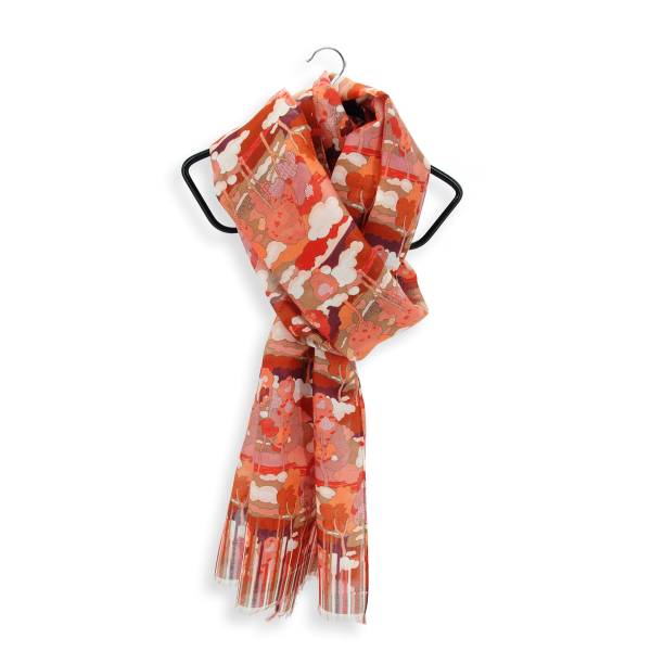 Foulard-femme-coton-soie-rouge-imprimé-Paysage