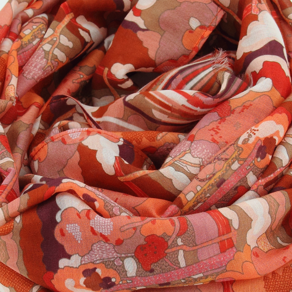 Foulard-femme-coton-soie-rouge-imprimé-Paysage