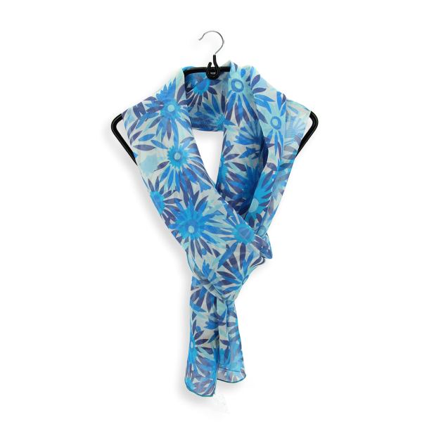 Foulard-femme-soie-bleu-imprimée-fleur-solaire