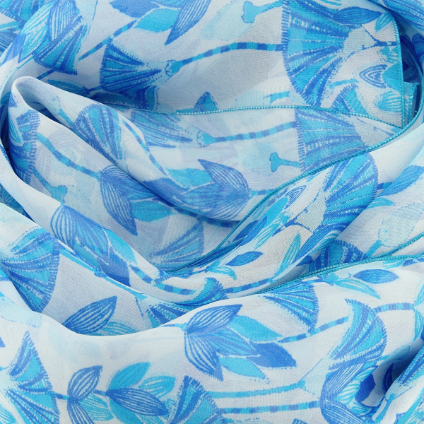 foulard-femme-soie-bleu-turquoise-imprimée-fleurs-lotus