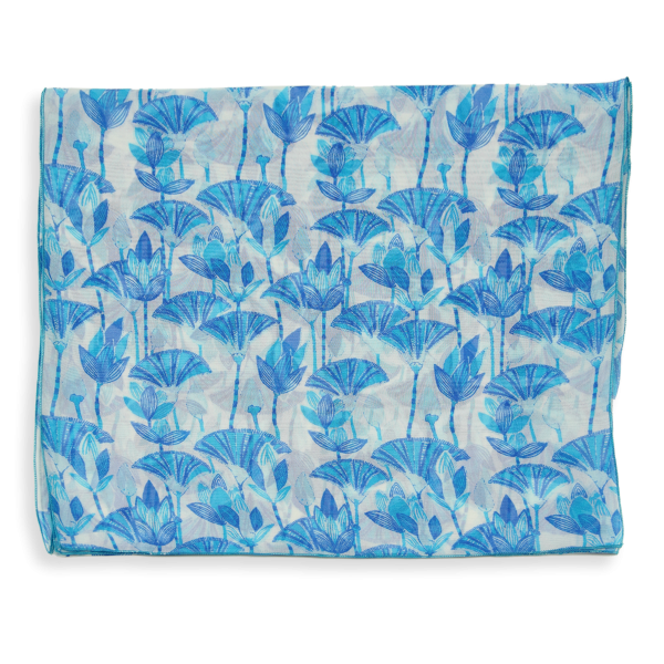 foulard-femme-soie-bleu-turquoise-imprimée-fleurs-lotus