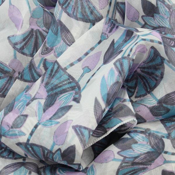 écharpe-femme-soie-bleu-violet-imprimée-fleurs-lotus