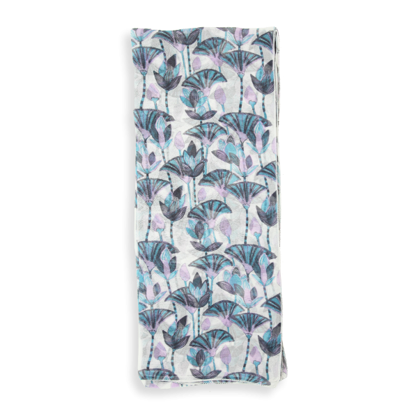 écharpe-femme-soie-bleu-violet-imprimée-fleurs-lotus