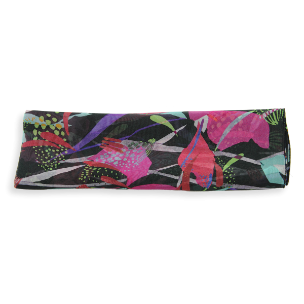 Foulard-femme-soie-vert foncé-rose fuchsia-imprimée-fleurs-Iris