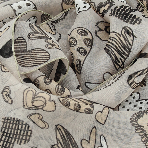Foulard-femme-soie-imprimé-gris nuage-coeur