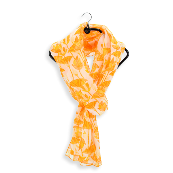 foulard-femme-soie-jaune soleil-imprimée-fleurs-lotus