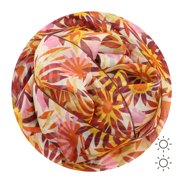 Foulard-femme-soie-imprimée-fleur-solaire-jaune-rouge
