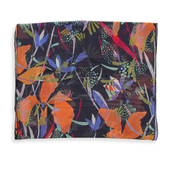 écharpe-femme-soie-marine-orange-imprimée-fleurs-Iris