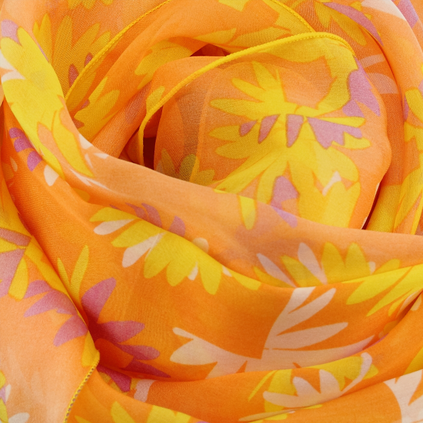 Foulard-femme-orange-mousseline-soie-imprime-Fleur C
