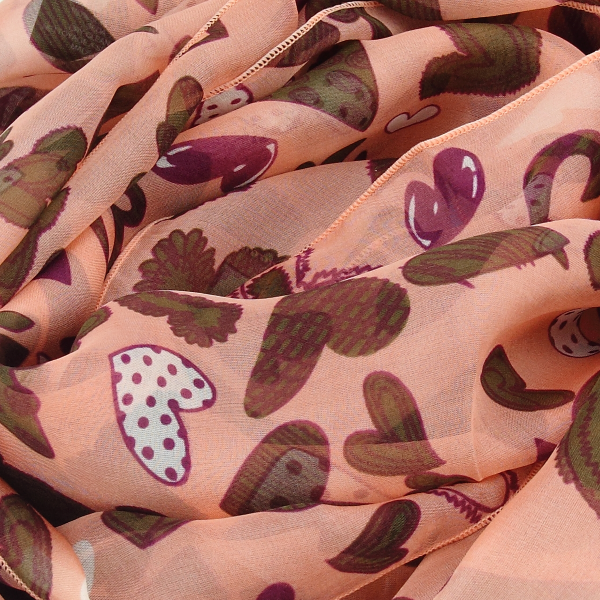 Foulard-femme-soie-imprimé-rose pêche-coeur