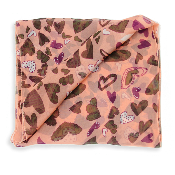Foulard-femme-soie-imprimé-rose pêche-coeur
