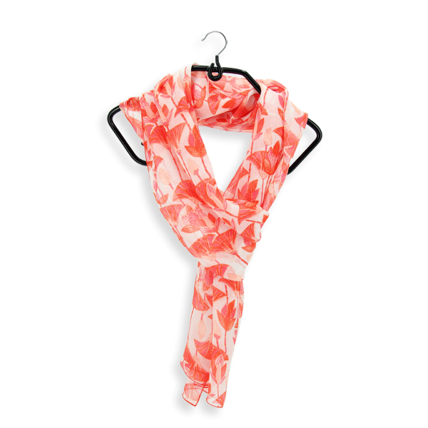 foulard-femme-soie-rouge corail-imprimée-fleurs-lotus