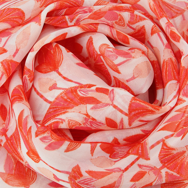 foulard-femme-soie-rouge corail-imprimée-fleurs-lotus