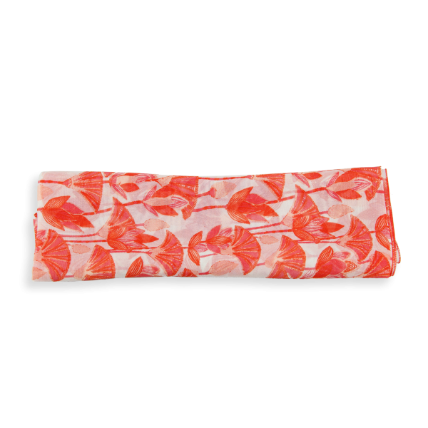 foulard-femme-soie-rouge corail-imprimée-fleurs-lotus