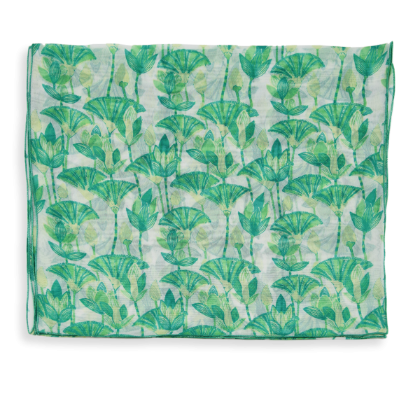 foulard-femme-soie-vert-imprimée-fleurs-lotus