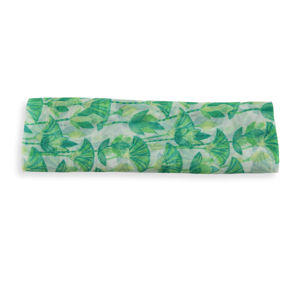 foulard-femme-soie-vert-imprimée-fleurs-lotus