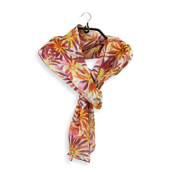 Foulard-femme-soie-imprimée-fleur-solaire-jaune-rouge