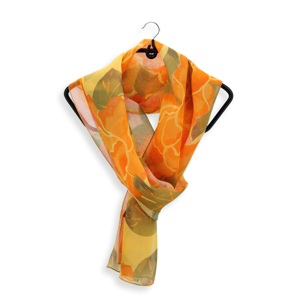 Foulard-soie-femme-imprimé-orange-Pivoine