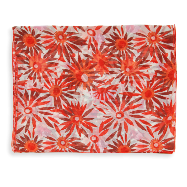 Foulard-femme-soie-rouge-imprimée-fleur-solaire