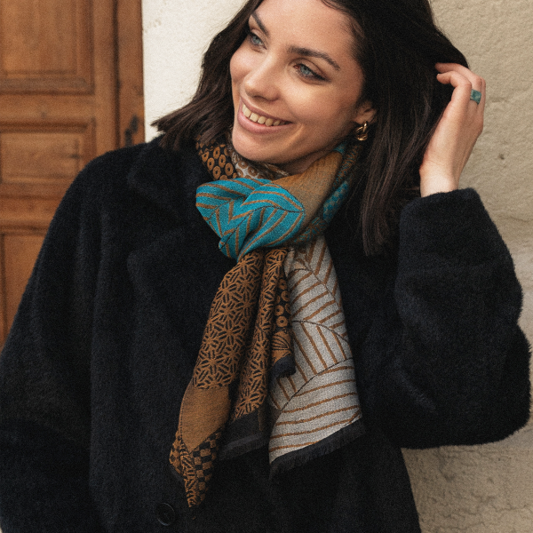 Khaki-turquoise-silk-wool-unisex-stole-Amour