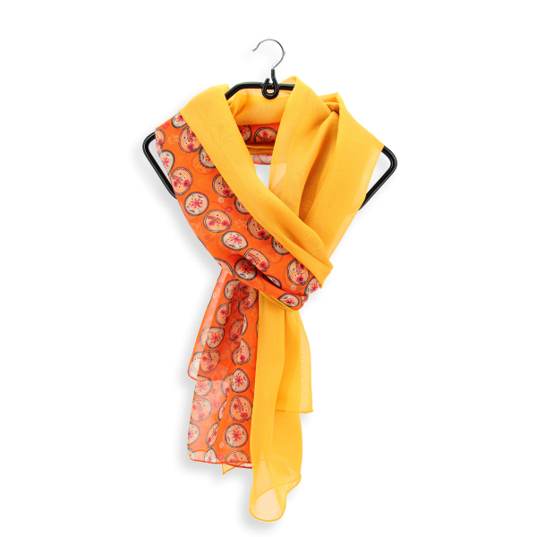 women's-matching-silk-airy scarf-printed-flowers-medaillon-orange-scarf-monochrome-golden